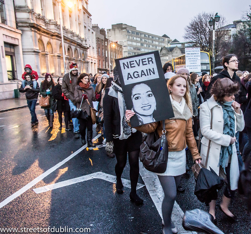 People marching in Dublin streets for abortion rights